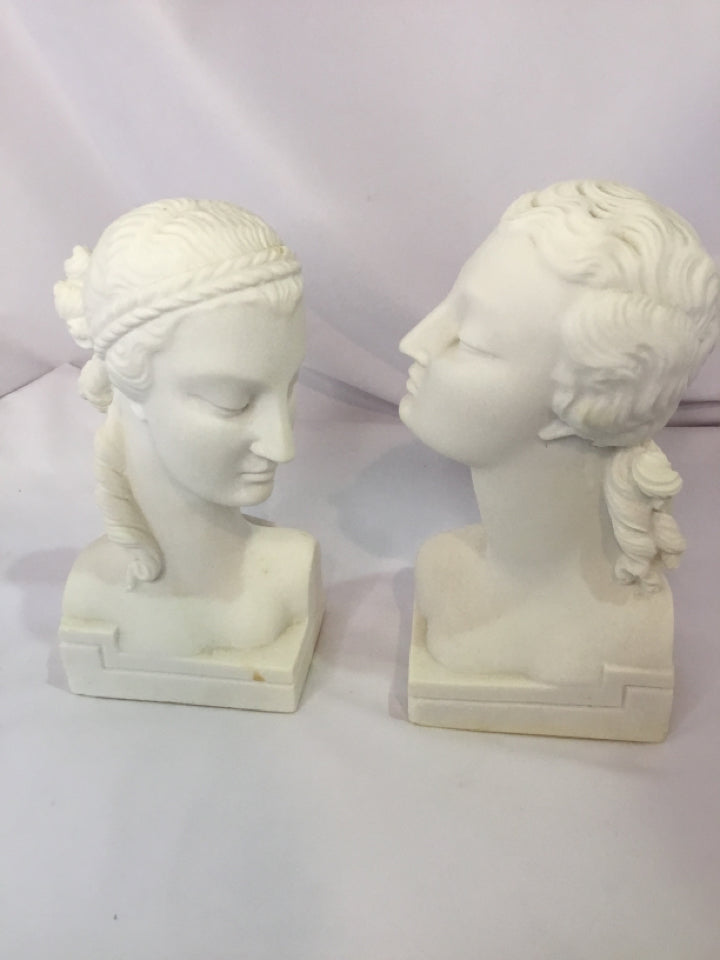 Pair White Stone Bust Woman Statue