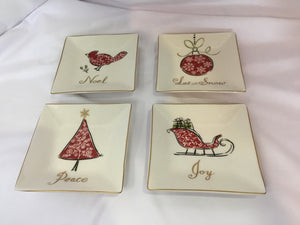 222 Fifth Plate set White/Red Ceramic Christmas Set of 4 Holiday Item