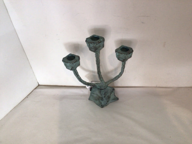 Brutalist Green Metal 3 Arm Candle Stick