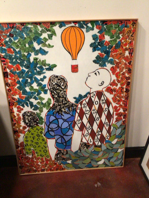 Original Green/Red Mixed Media People Balloon Framed Art