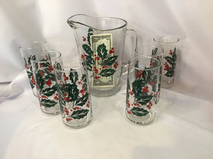 Vintage Glasses Red/Green Glass Holly W/ 3 wax Holiday Item