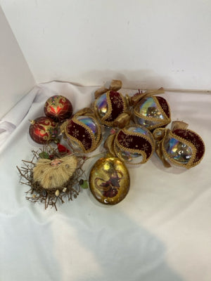 Set of 9 Red/Gold Glass Holiday Ornaments