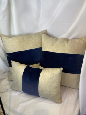 Ballard Down Beige/Blue Linen Velvet Set of 3 Pillow Set