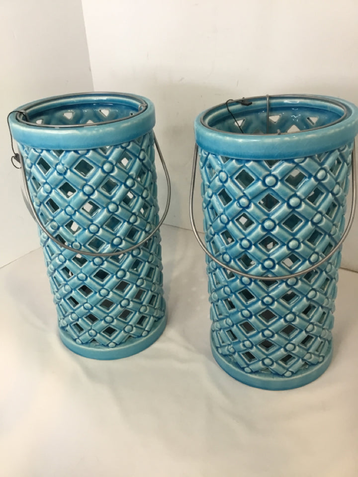 Lantern Blue Ceramic Pair Candle Holders