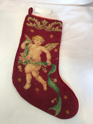 Vintage Stocking Red Needlepoint Angel Holiday Item