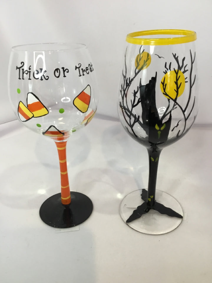 Halloween Black/Orange Glass Wine Glasses Pair Holiday Item