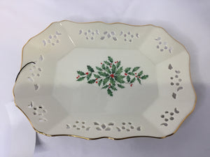 Lenox Christmas White/Green Ceramic Tray Holly Holiday Item