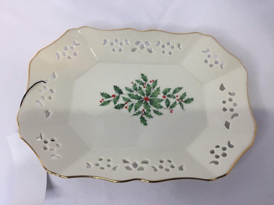 Lenox Christmas White/Green Ceramic Tray Holly Holiday Item