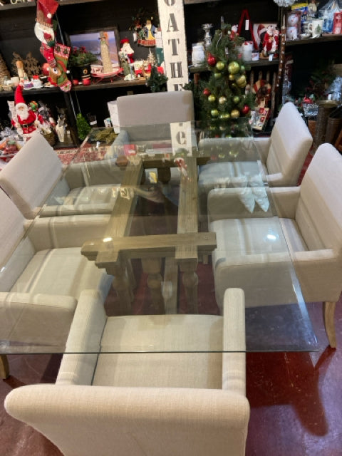 Glass/Wood 6 Chairs Gray Table & Chairs