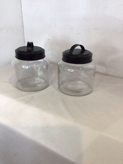 Pair Black/Clear Glass/Metal Lidded Jar