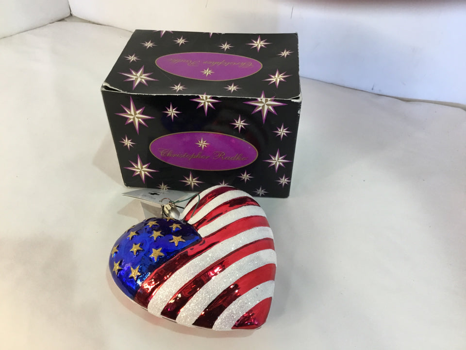 Christopher Radko Red, White & Blue Glass Heart Ornament Holiday Item