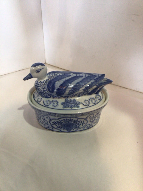 Oriental Blue/White Stoneware Pheasant Serving Dish