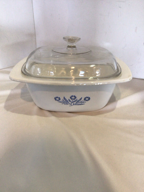 Corningware White/Blue Glass Floral With Lid Baking Dish
