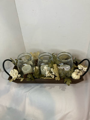 Battery Operated Tan/White Wood/Glass 3 Candles Centerpiece