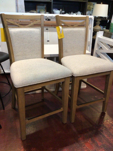 Pair Wood Upholstered Seat Brown/Cream Barstool/Bar Stool