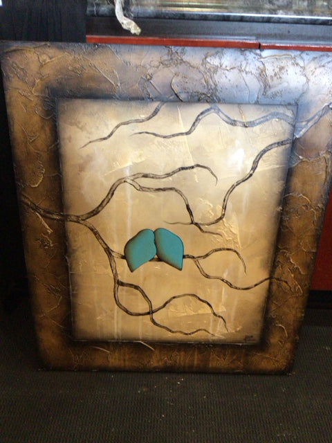 Signed Wood Birds Brown/Blue Wall Decoration Art
