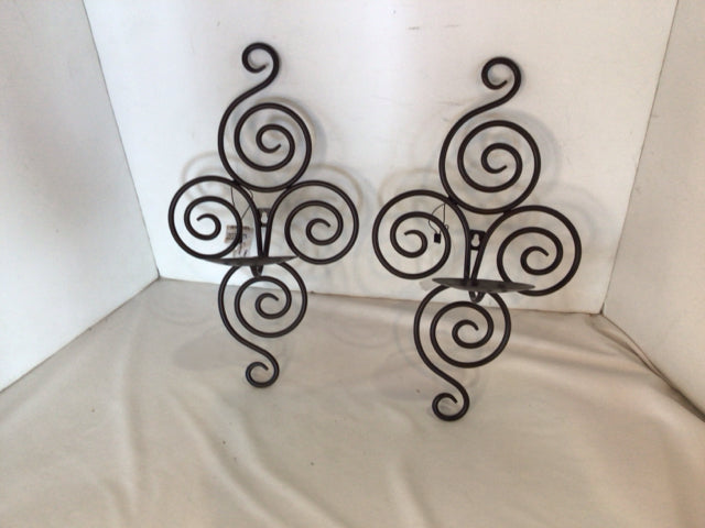 Pair Black Metal Scroll Candle Holders