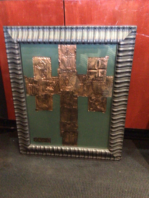 Hammered Green/copper Copper Cross Folk Art Framed Art