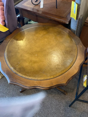 Vintage Wood Pedestal Leather Top Brown Table