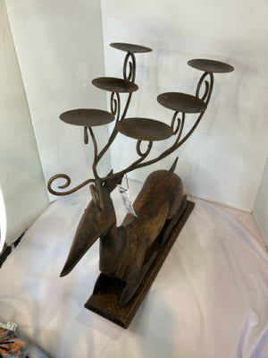 Christmas Brown Cast Iron Candle Holder Reindeer Holiday Item