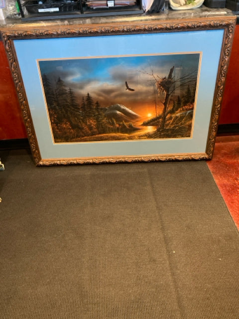 Signed Blue/Brown Mountains Eagle Framed Art