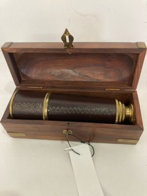 Nautical Brown/Gold Leather/Brass In Box Telescope