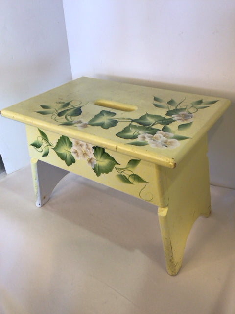 Painted Wood Flowers Yellow/Green Stool/Foot Stool/Ottoman