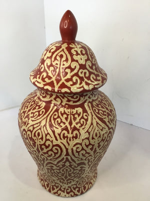 Lidded Red/Cream Pottery Swirl Urn