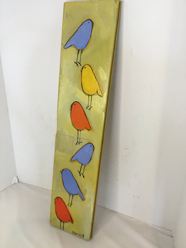 Whimsical Wood Bird Signed Yellow Wall Decoration Art