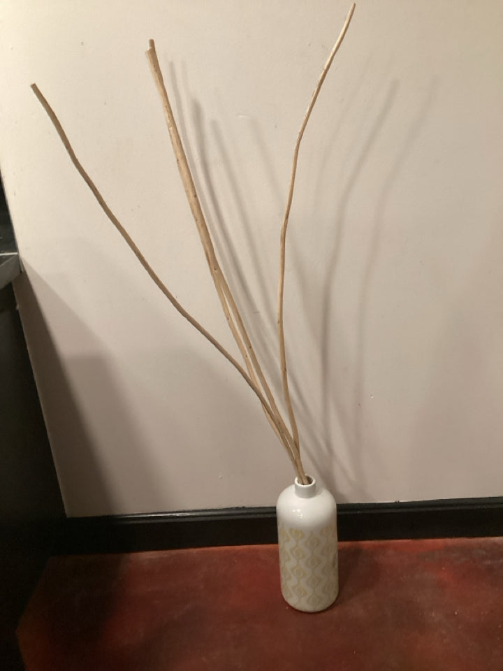White/Yellow Ceramic W/Sticks Vase