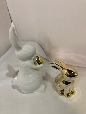 Easter White/Gold Ceramic Set of 2 Bunny Figurine