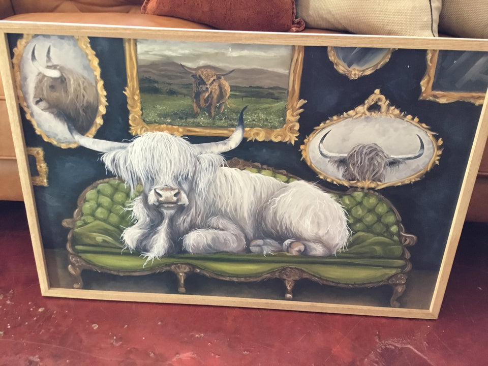 Blue/Green Wood Sofa Cow Framed Art