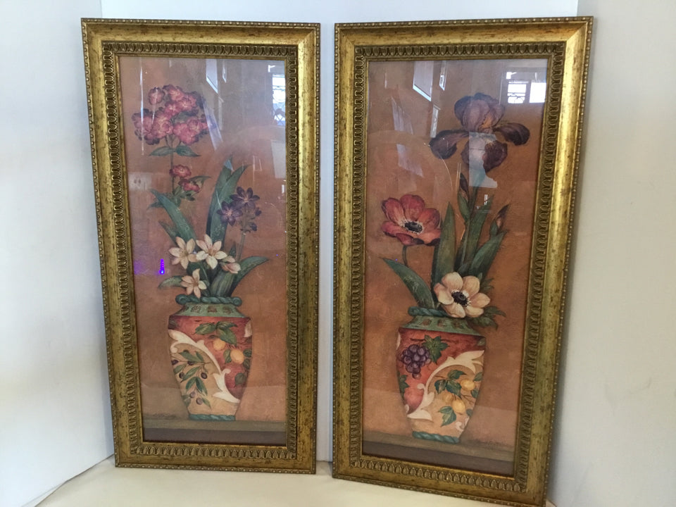Signed Pair Multi-Color Flowers In Vase Framed Art