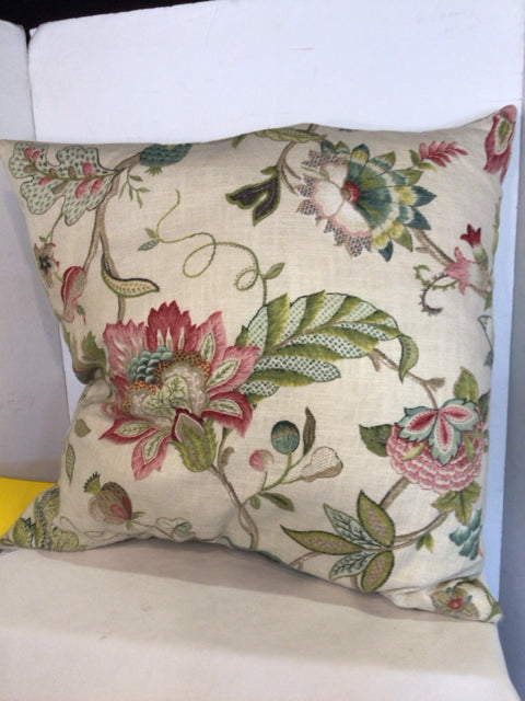 Cream/Green Down Linen Floral Pillow