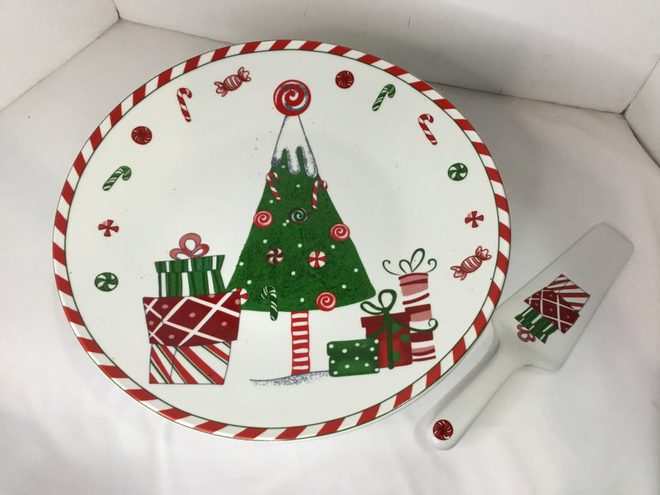 Cake Stand/Dome White/Red w/Server Holiday Item