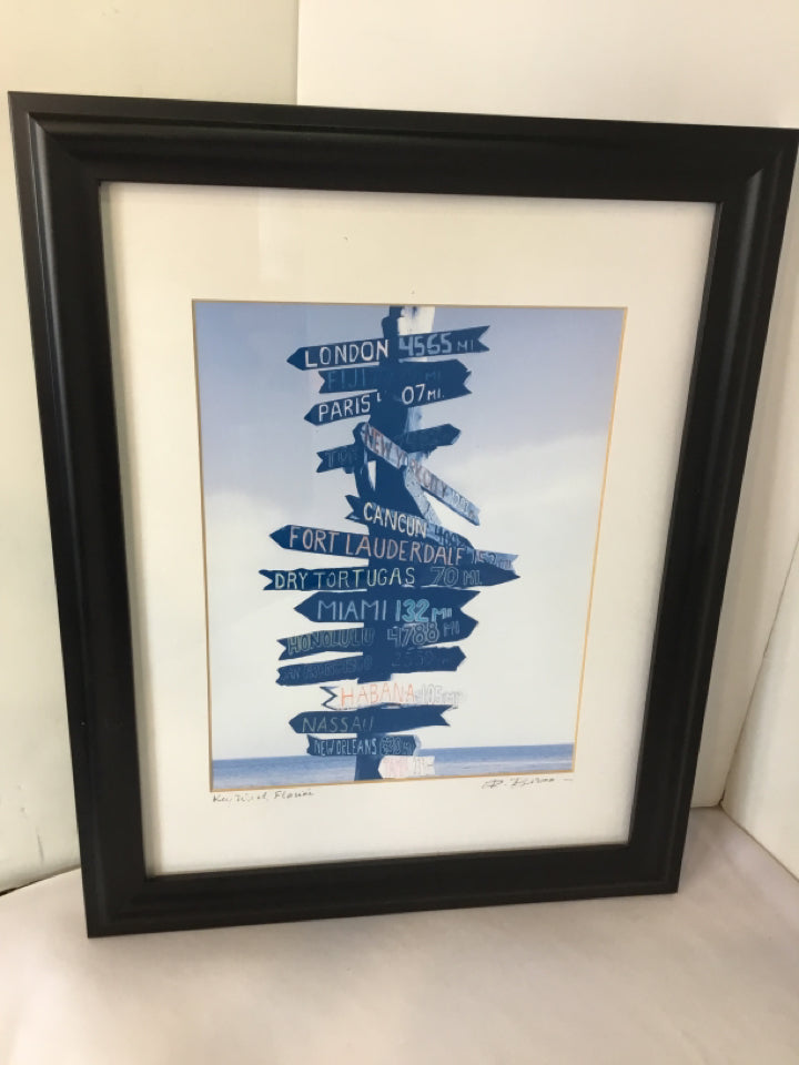 Signed Blue/White Sign Florida Framed Art