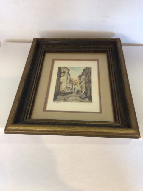 Signed Vintage Brown/Gray Street Scene Framed Art