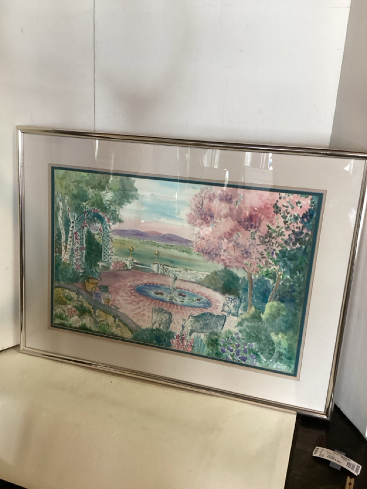 Signed Green/Pink Garden Scene Framed Art