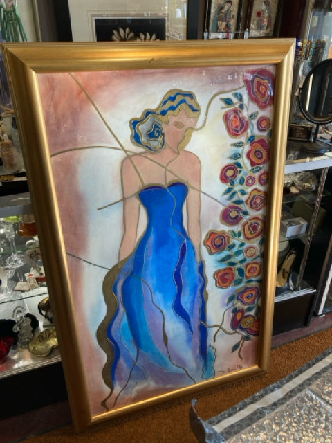 Modern Gold/Multi Woman Signed Framed Art