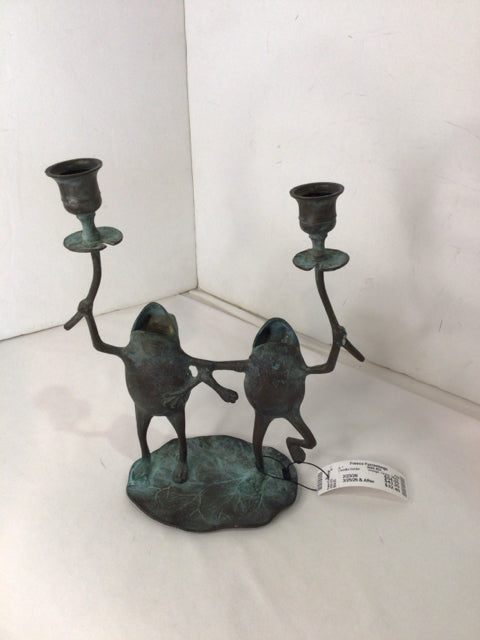 Vintage Green Metal Frog Candle Holder