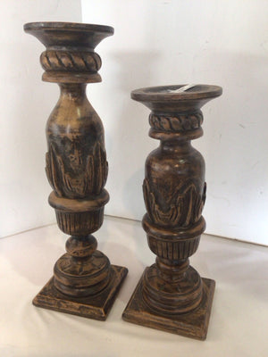 Foreside Vintage Pair Brown Wood Carved Candle Holders