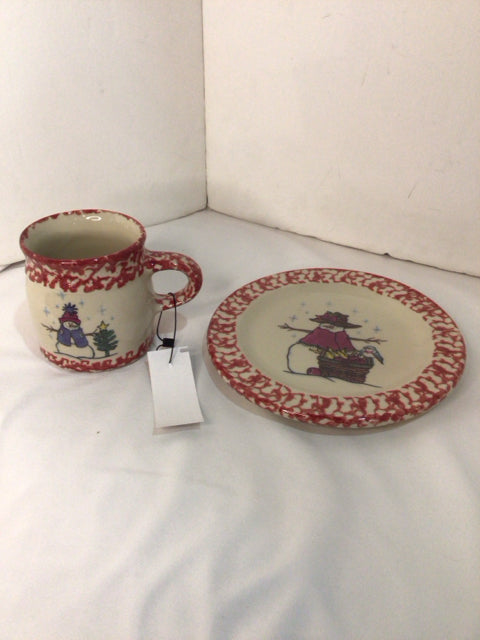 Roseville Red/white Stoneware Plate & Cup Snowman Holiday Item