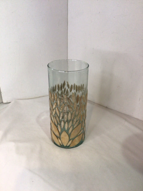 Green/Gold Glass Cylinder Leaves Candle Holder