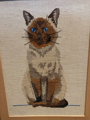 Vintage Brown/Tan Needlepoint Cat Framed Art