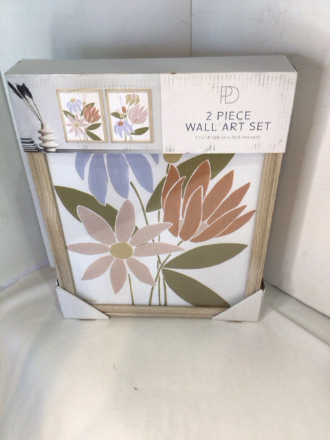 Pair Tan/green Floral Framed Art