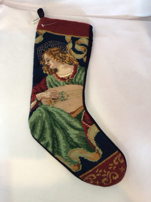 Vintage Stocking Red/Blue Needlepoint Angel Holiday Item