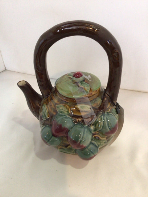Majolica Brown/Green Ceramic Fruit Tea Pot