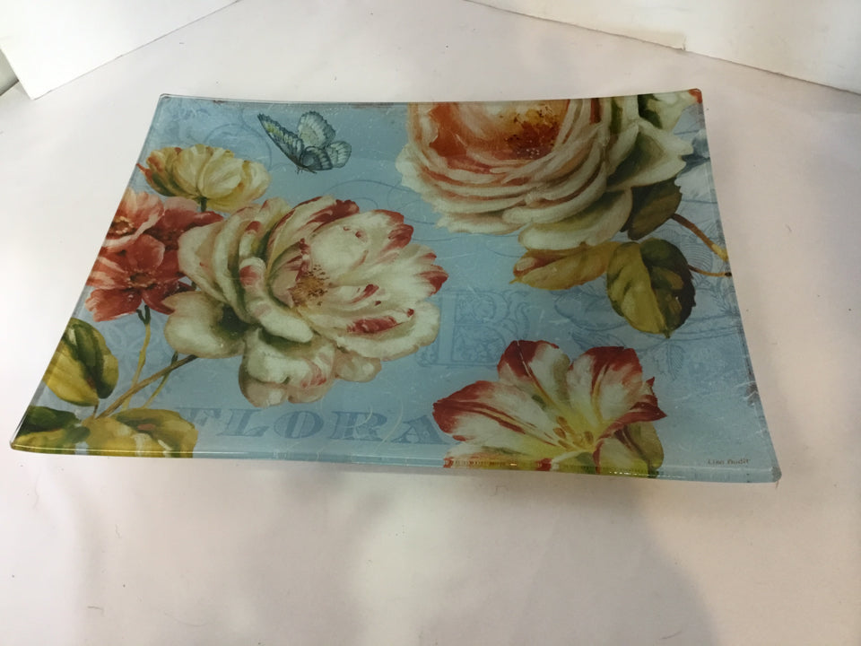 Lisa Audit Blue/Multi Glass Floral Tray