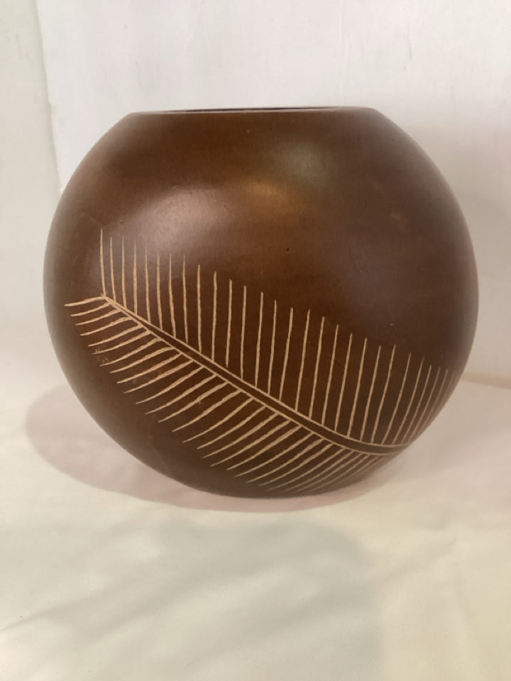 Etched Brown Wood Round Vase