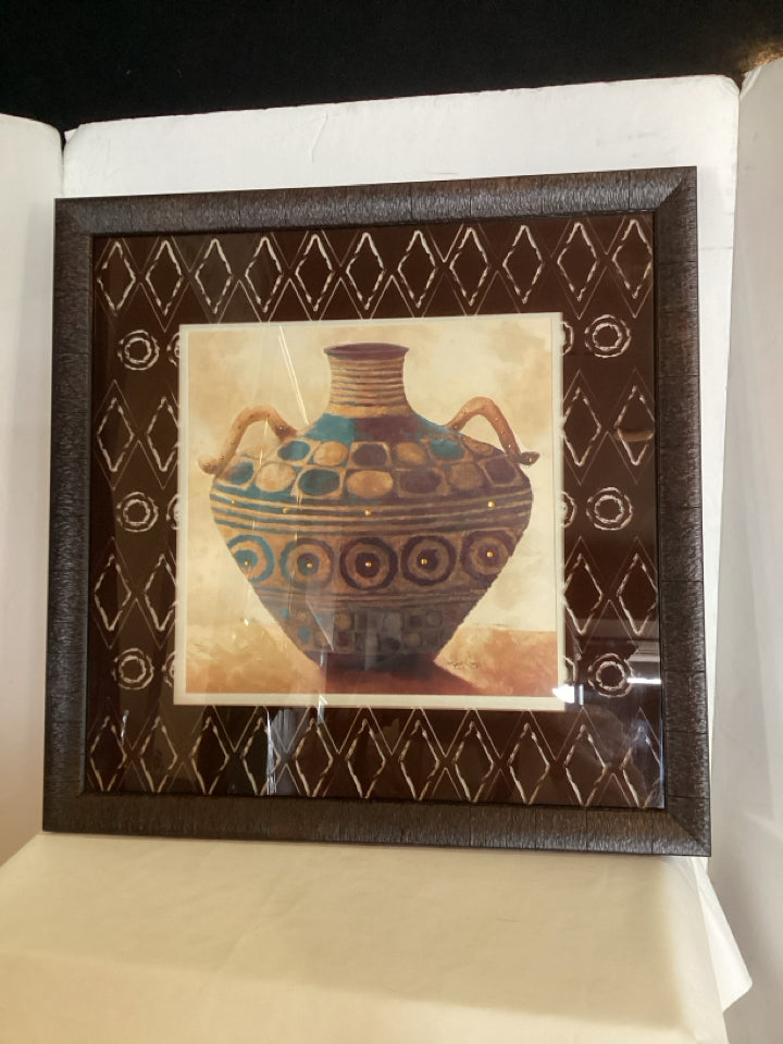 Ethnic Brown/Blue Vase Framed Art